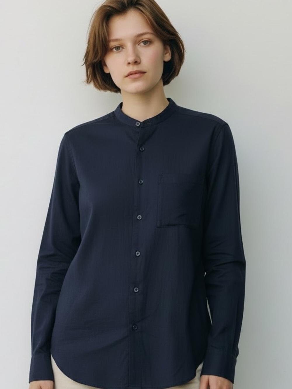Claiborne Woman’s Silk Navy Shirt Band Collar SZ M EUC Old Money